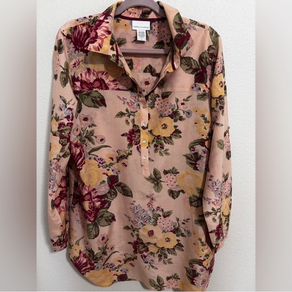 Soft Surroundings Tops - Soft Surroundings Floral Button-Down Shirt - Burgundy and Yellow